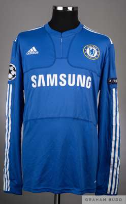 Frank Lampard signed blue & white No.8 Chelsea Champions League shirt, season 2009-10, 
 Adidas, XL, long-sleeved, with Champions League and Respect f