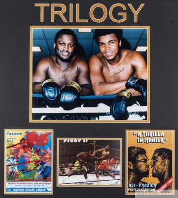 Muhammad Ali and Joe Frazier Trilogy double-signed display
 authenticated by Online Authentics.com. OA-8204337, in common-mount, framed and glazed, 10