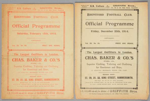 Two Brentford home programmes season 1914-15, 

Southern League Division Two fixtures v Stoke 25th December and Stalybridge Celtic 13th February, (2),