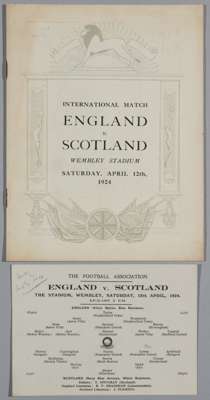 England v Scotland international match programme and team line-up card, played at Wembley Stadium, 12th April 1924,
 24-page programme, lacking origin
