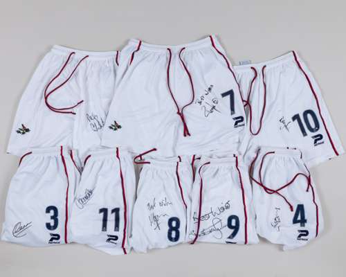 Eleven West Bromwich Albion autographed shorts issued for 2000-02, numbering 1-11