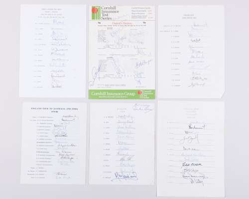 Five England cricket autographed team sheets and one scorecard