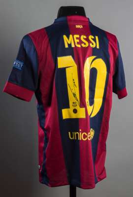 An Official UEFA Champions League Licensed & Certificated Lionel Messi signed replica of his Barcelona 2015 Champions League Final jersey, with badgin