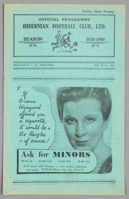Hibernian v St Bernard's programme 30th March 1940,
 Scottish Wartime East and North Regional League fixture