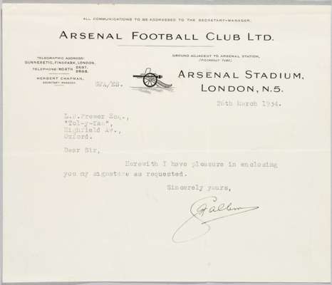 ARSENAL FC GEORGE ALLISON 1934 AUTOGRAPH LETTER ON ARSENAL EMBOSSED LETTERHEAD  

George Frederick Allison (24 October 1883 – 13 March 1957) was an En
