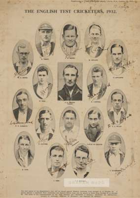 Signed "The English Test Cricketers 1932" printed supplement in The Western Mail, Perth, Australia, 20th October 1932,
 depicting individual cricketer