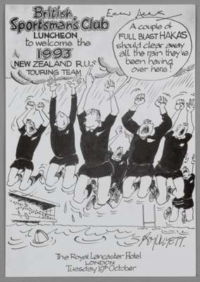 New Zealand to UK 1993 rugby union autographed Sportsman’s Club menu,  

Superb original foldover banquet menu size 10 by 7in. from the luncheon given