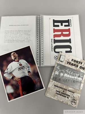 Photograph collection featuring Manchester United's Eric Cantona,
 including autographed examples, mostly colour press photos, others privately taken,