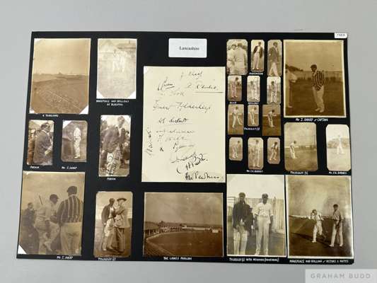 Cricket unique collage of Lancashire Cricket Club, 1923, 
 on black page, 18 x 12in., includes signed album page of 13 players, signed in ink, include