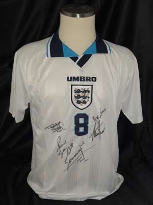 England Euro 96 No.8 Paul Gascoigne replica shirt signed by goalscoring machines Teddy Sheringham, Alan Shearer along with the enigma Paul “GAZZA” Gas