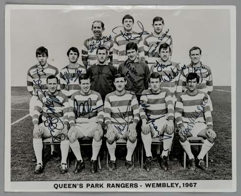 Queens Park Rangers 1967 League Cup Winners fully-autographed original b&w photograph, 
 10 by 8in. published by R J Hayter, London, EC4, depicting th