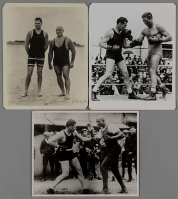 Jack Dempsey boxing photographs with opponents and sparring partners,
 three b&w/sepia 10 by 8in., heavyweight boxing including Dempsey and Tunney fig