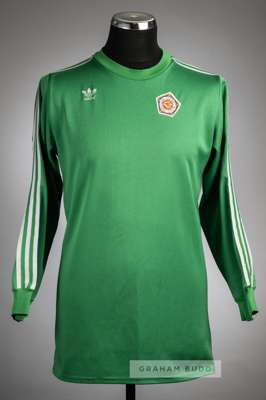 Green Slovan Bratislava No.1 goalkeeper's jersey, circa 1984,
 Adidas, long-sleeved with club crest badge, reverse numbered 1, bears wear and repairs 