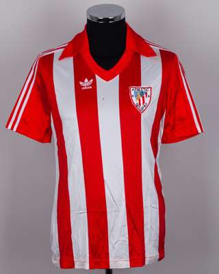 Manuel Sarabia red and white No.9 Athletic Bilbao v. England short-sleeved shirt, 1982