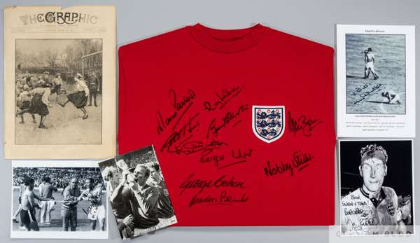 Red replica autographed 1966 England World Cup final shirt
 the front signed by ten of the cup-winning side, lacking Bobby Moore, with a black and whi