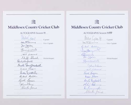 Twelve Middlesex autographed team sheets, 1989 to 2004