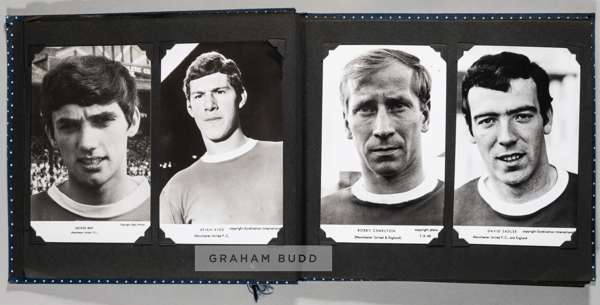Manchester United b&w player profile postcard & photograph album, circa 1960s,
 comprising approximately 26 postcards and photographs, not stuck down 