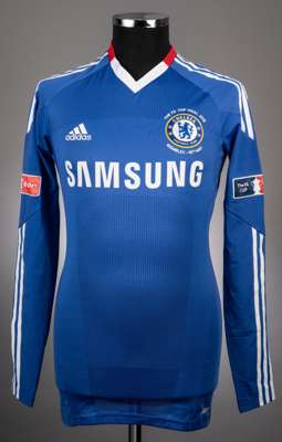 Didier Drogba blue, white and red No.11 Chelsea v. Portsmouth 2010 F.A. Cup final match issue long-sleeved jersey, 
 Adidas, M with v-neck collar and 