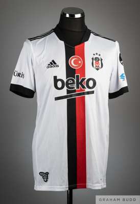 Javi Montero black, white and red No.4 Besiktas short-sleeved shirt, 
 Adidas, M, with v-neck style collar and printed badge, BJK 1903, the reverse le