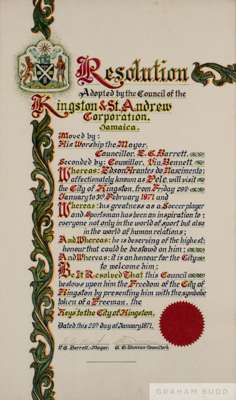 A framed resolution certificate presented to Pelé by the council of the Jamaican, Kingston & St. Andrews Corporation, bestowing on Pelé the keys to th