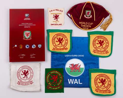 Six Wales international embroidered cloth badges
