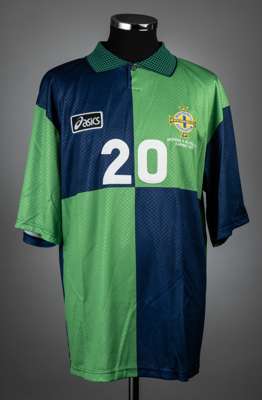 Green & navy Northern Ireland FIFA World Cup Qualifier no.20 away jersey v Ukraine, played at Kiev, 2nd April 1997,
 match-issue, Asics, short-sleeved