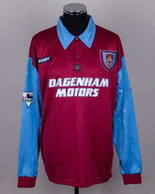 Tim Breacker claret and blue No.2 West Ham United v. Sheffield Wednesday shirt, 1996