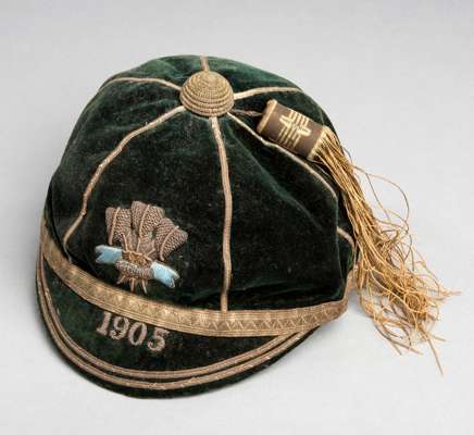 A Wales international representative sporting cap 1905, the green cap with Prince of Wales's Feathers and inscribed 1911  It is not known for which sp