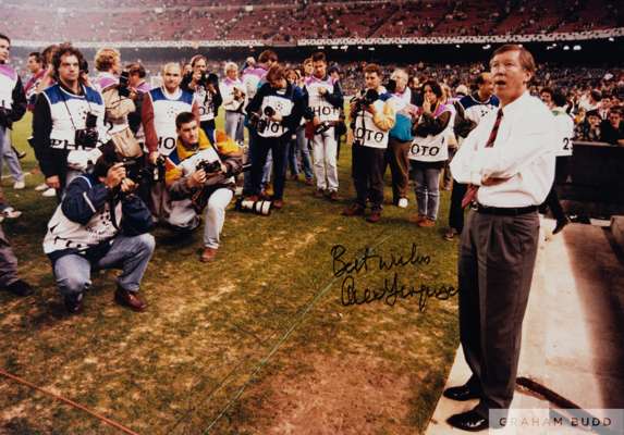 Colour photograph of David Beckham with The European Cup
 dedicated and autographed To John, Great Night... Love David x, 35 by 45cm and another depic