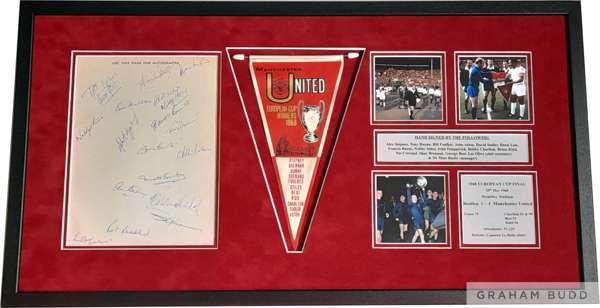 Manchester United 1968 European Cup signed & framed display, 
 featuring squad signed page removed from brochure, original 1968 pennant with the playe