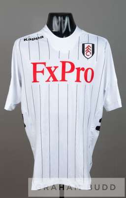 Bryan Ruiz white Fulham no.11 home jersey v Arsenal at Craven Cottage, 20th April 2014,
 short-sleeved with BARCLAYS PREMIER LEAGUE sleeve badges, clu