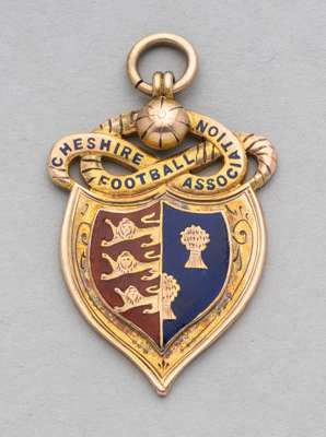 9ct gold & enamel Cheshire FA Senior Cup winners medal awarded to J Taylor in 1901,
 fully inscribed with details, weight 12gms., in original fitted c