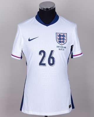 Kobbie Mainoo white No.26 England v. Switzerland Euros Quarter-Final short-sleeved shirt 2024