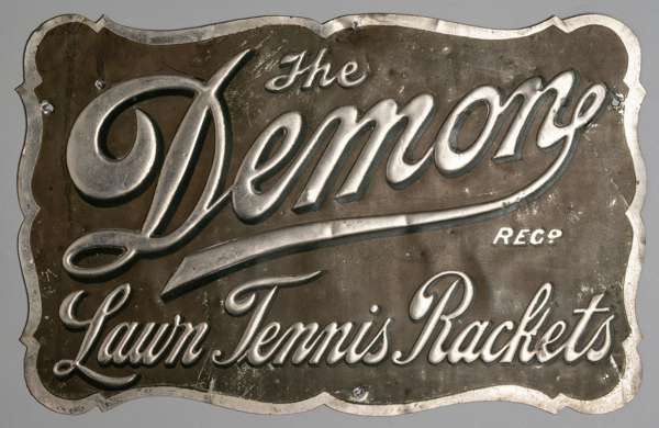 An extremely rare (only known example) embossed advertising tin for “The Demon” Reg. Lawn Tennis Rackets, 
 the tin was purchased many years ago from 