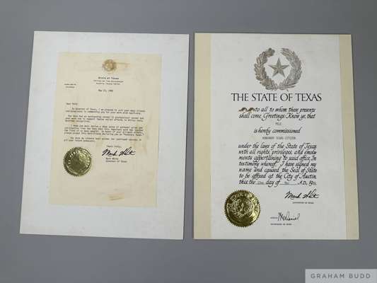 A certificate mounted on matte board presented to Pelé conferring upon him honorary citizenship in the state of Texas, dated May 23, 1986, and signed 