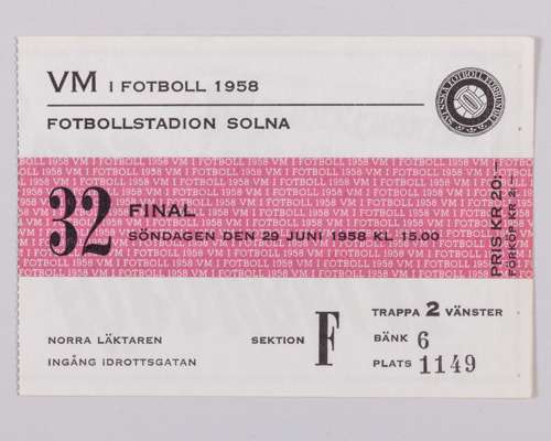 Ticket for the 1958 World Cup Final in Stockholm Sweden v Brazil 29th June 1958