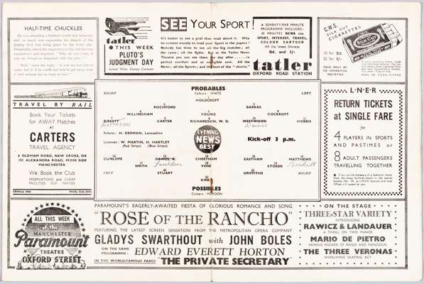 England International Trial programme at Manchester United's Old Trafford, season 1935-36 between Probable's v Possible's,
 sellotape mark to front an