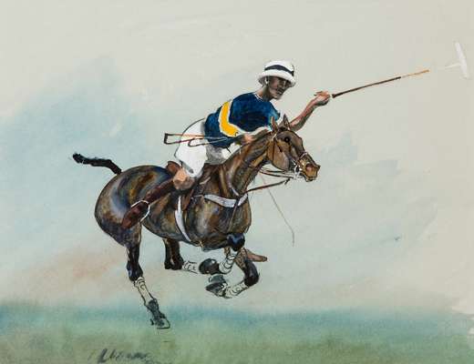 John Arthur Board (1886-1975) POLO PLAYER pen & ink & watercolour, 19 by 24cm., mounted ready for framing