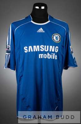 Mikel John Obi blue and white Chelsea no.12 jersey, season 2006-07,
 short-sleeved with BARCLAYS PREMIER LEAGUE sleeve badges, club crest and sponsor 