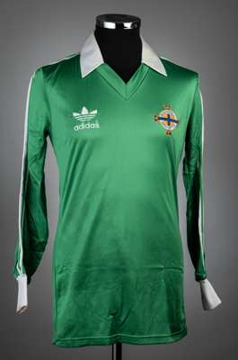 Tom Sloan green Northern Ireland no.18 home jersey, c.1979,
 match-issue, adidas, long-sleeved with national emblem, reverse numbered 18, size Medium,