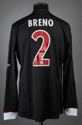 Breno black & white Bayern Munich UEFA Champions League no.2 third choice jersey, season 2011-12,
 match-issue, Adidas, long-sleeved with UEFA STARBAL