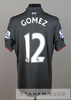 Joe Gomez black Liverpool no.12 third change jersey v Arsenal at Emirates Stadium, 24th August 2015,
 short-sleeved with BARCLAYS PREMIER LEAGUE sleev