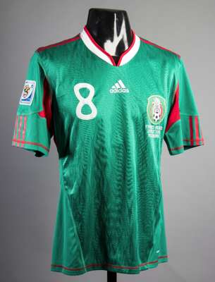 Israel Castro green Mexico v France 2010 World Cup No.8 jersey, unworn, short-sleeved, FIFA World Cup tournament badge, inscribed FRANCE-MEXICO, JUNE 