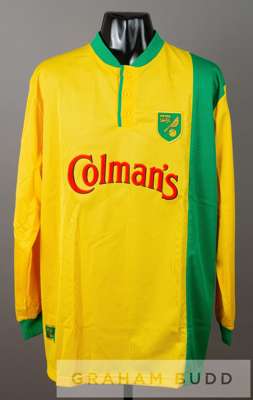 Peter Grant green and yellow Norwich City no.18 jersey, season 1999-2000,
 designed by Bruce Oldfield, long-sleeved with NATIONWIDE FOOTBALL LEAGUE sl