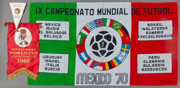 Two World Cup pennants originally owned by Sir Alf Ramsey,
 one inscribed for the England v Czechoslovakia match in Quadalajara 11th June 1970; and a 