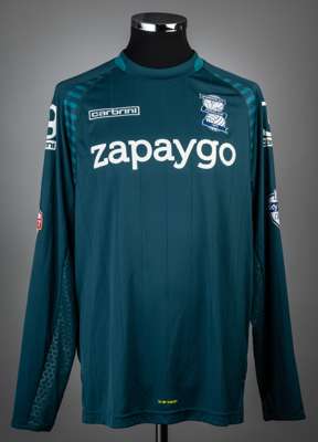 Colin Doyle green Birmingham City no.21 goalkeeping jersey, season 2014-15,
 match-issue, Carbrini, long-sleeved with SKY BET FOOTBALL LEAGUE sleeve b