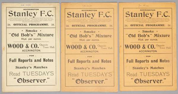Three Accrington Stanley home programmes from their first season in the Football League (Division Three North) 1921-22,
 v Wrexham, Lincoln City and T