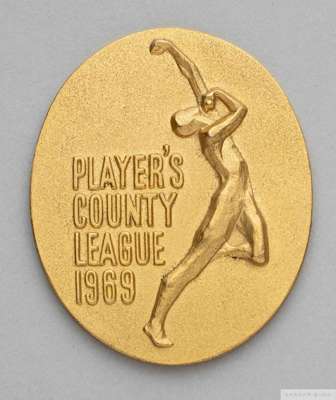 David Lloyd yellow-metal Player's County League 1969 medal
 the obverse inscribed PLAYERS'S COUNTY LEAGUE 1969, the reverse inscribed D. Lloyd, in ori