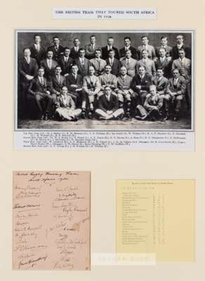 British Lions 1924 Tour to South Africa autographed photographic display,
 the printed team photograph of the squad in seated and standing pose with t