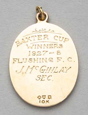 American soccer medal: Empire State League Baxter Cup winner's medal awarded to Flushing F.C.'s secretary J. McGinlay, 1927-26,
 obverse with central 